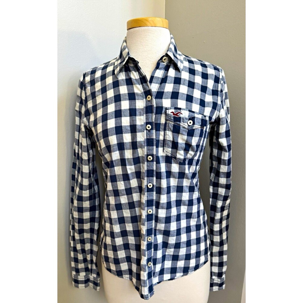 Hollister Cotton Navy/White Check Long Sleeve Button Down Size Medium